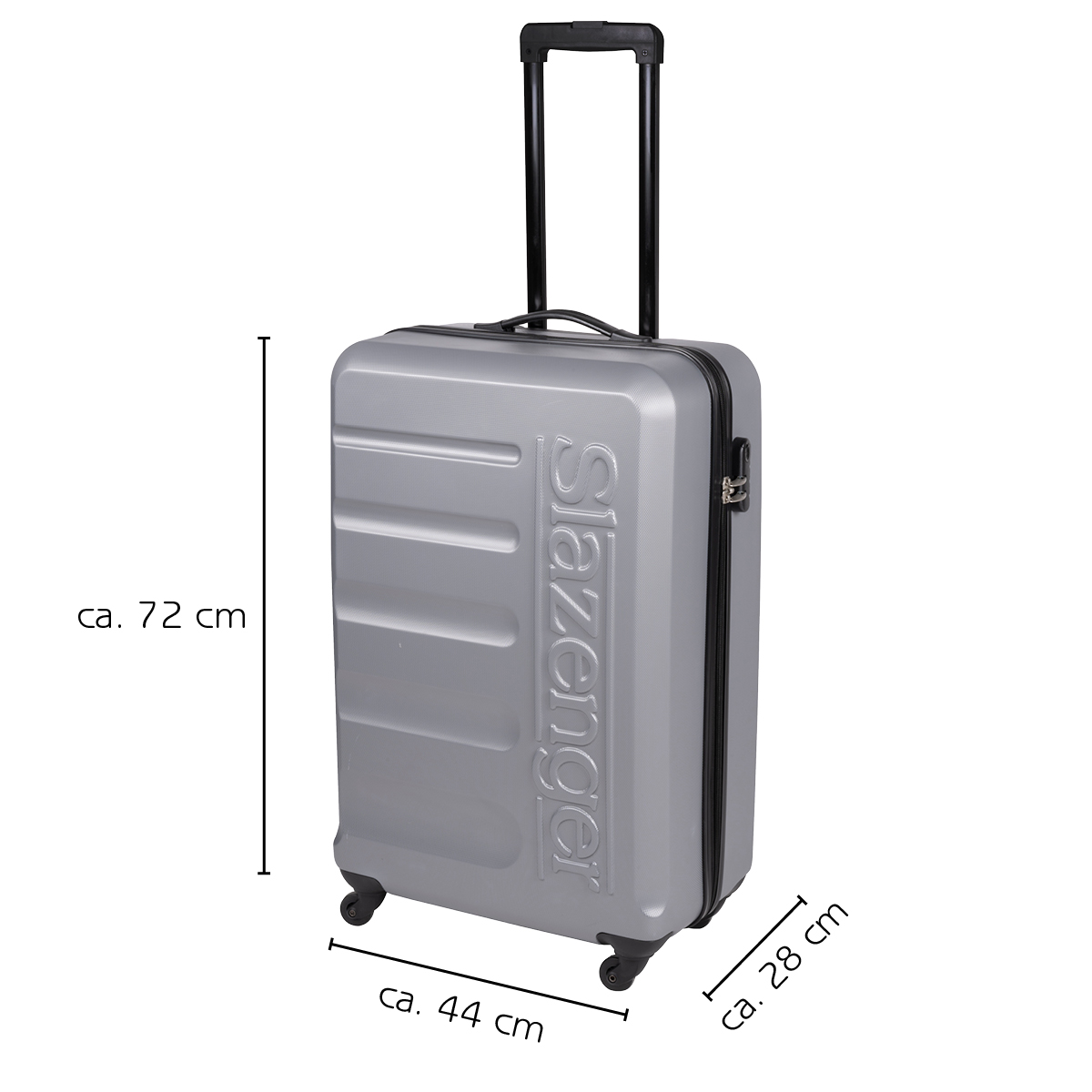 Gray suitcase with handle and wheels. It is labeled 'Slazenger' and has measurements of approximately 72x44x28 cm.