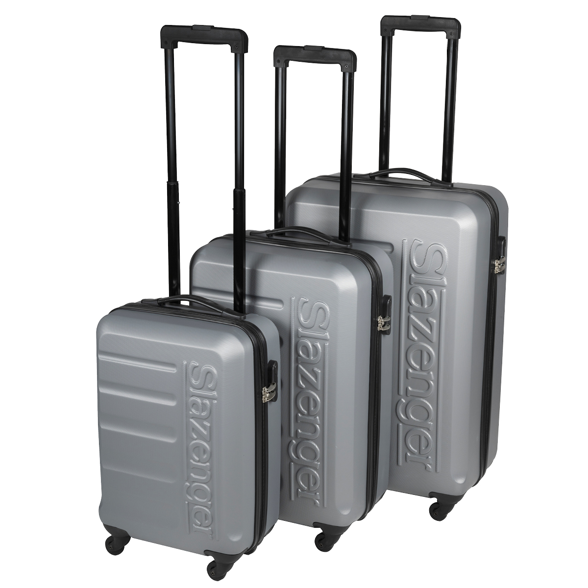 Three silver Slazenger suitcases of different sizes with black handles and wheels.