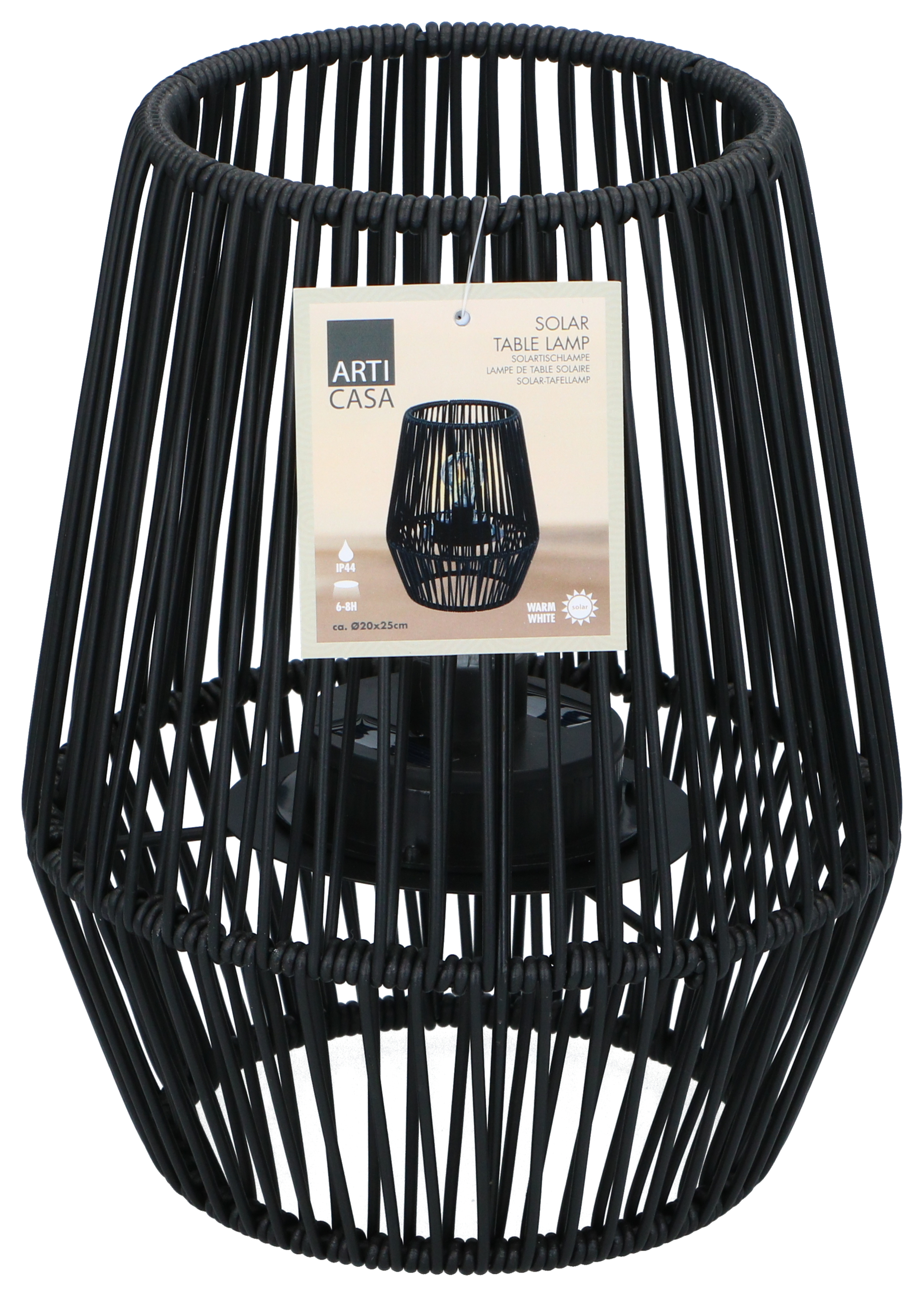 A black, open-weave solar table lamp, with a black interior and a product information tag.