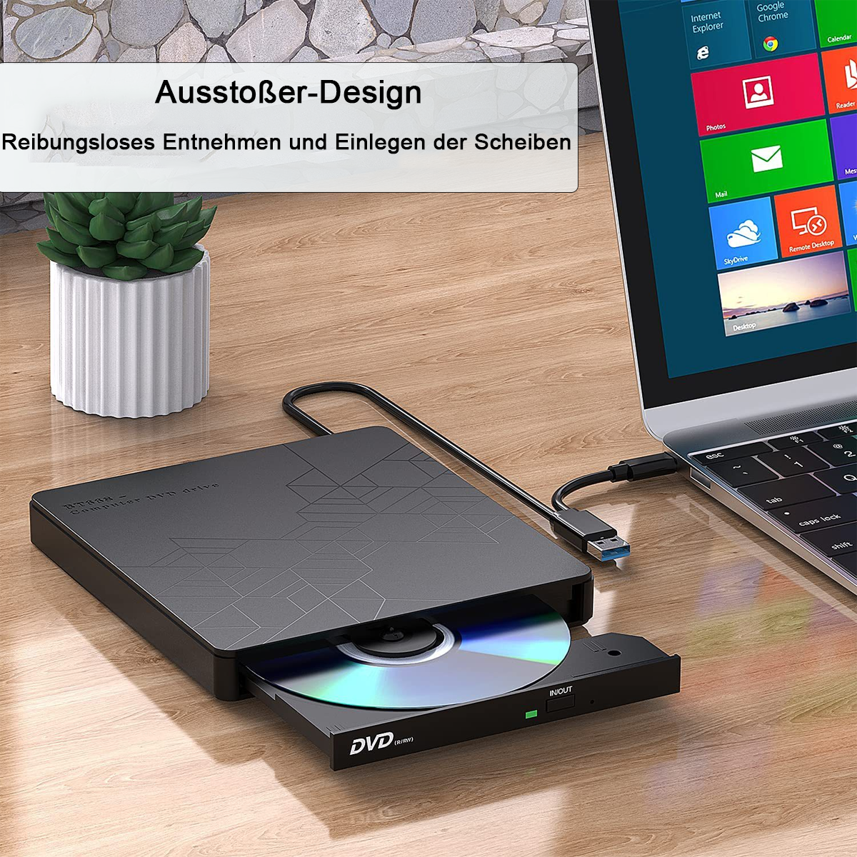 Schwarzes DVD-Laufwerk mit Disc und Laptop. Text auf Deutsch über einfache Entnahme.