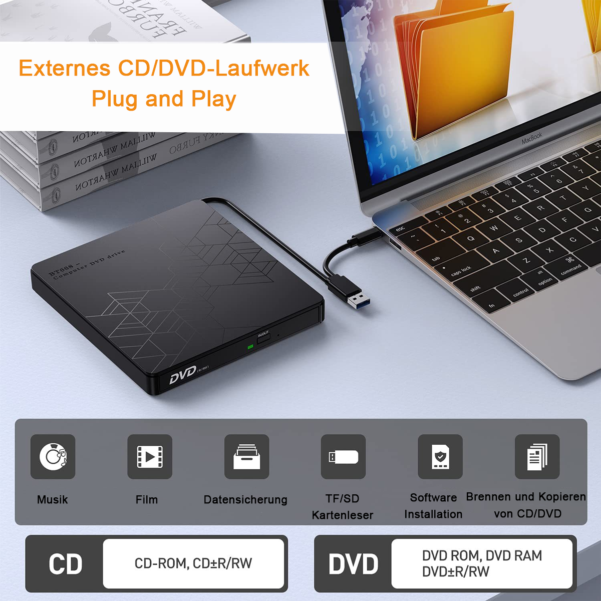Ein externes DVD-Laufwerk, das mit einem Laptop verbunden ist, mit Funktionssymbolen.