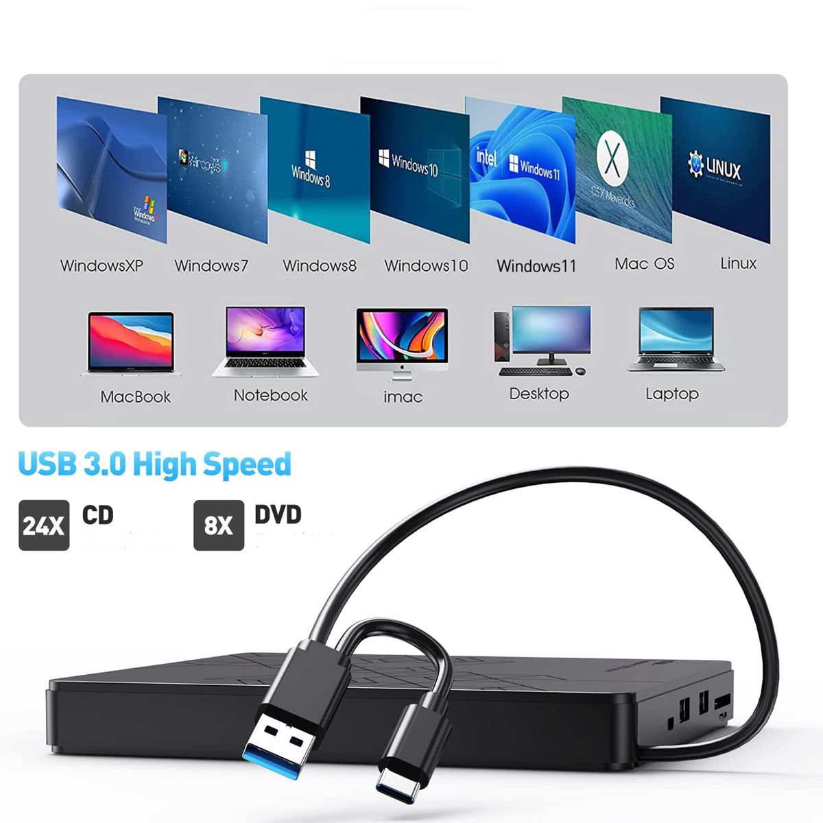 Ein externes USB 3.0 CD/DVD-Laufwerk. Zeigt verschiedene Betriebssysteme und Computerhardware.