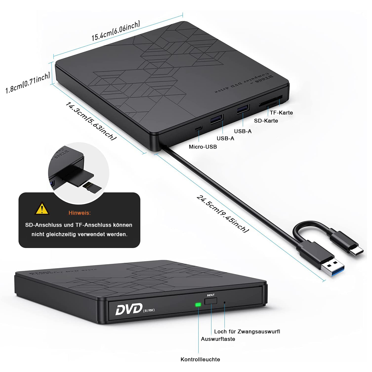 Schwarzes DVD-Laufwerk mit Abmessungen und Etiketten, verbunden mit USB- und SD-Kartenports.