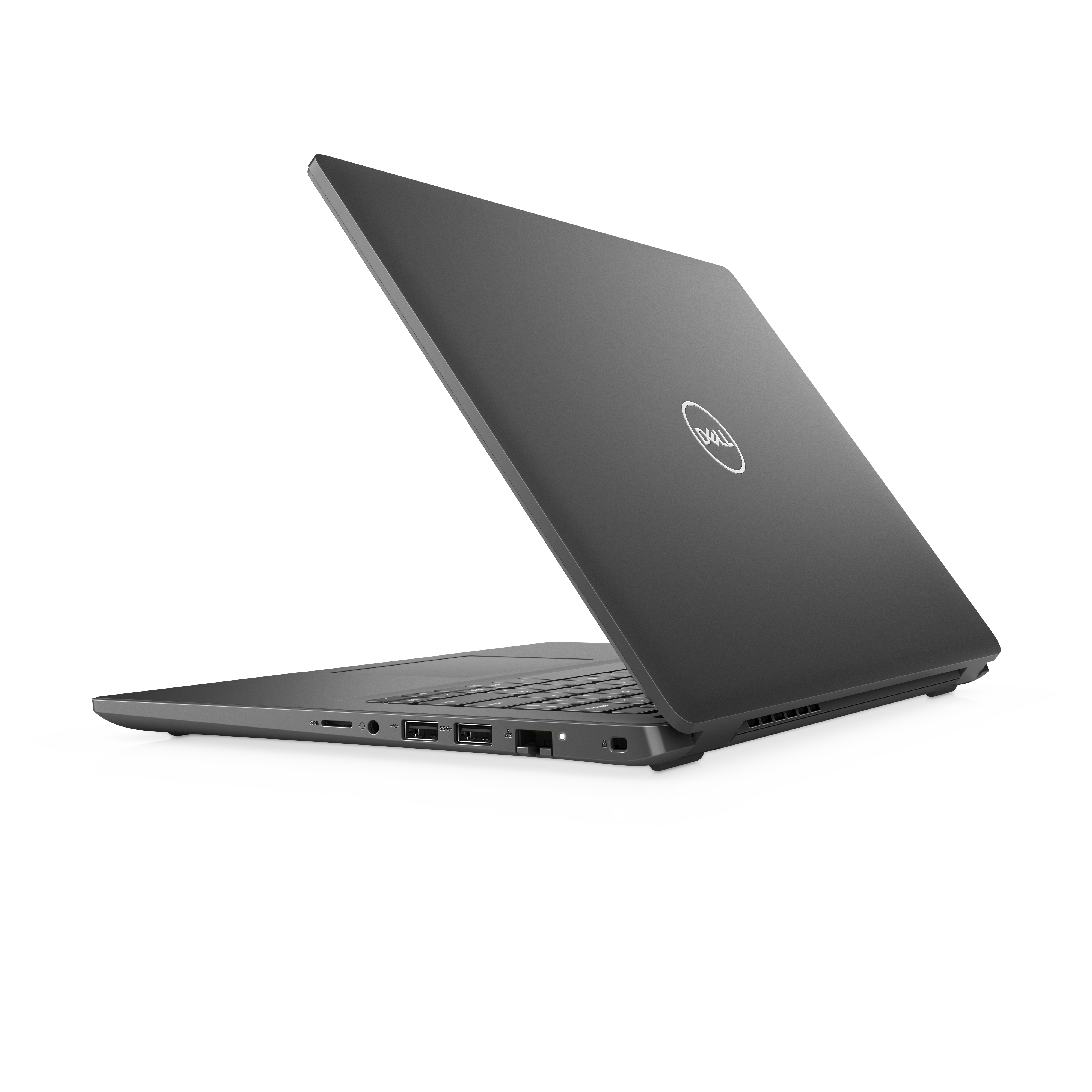 Laptop gris oscuro, abierto, en ángulo. Logotipo de Dell en la tapa. Fondo blanco.