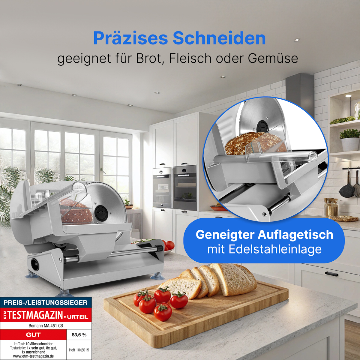 Scena kuchenna z krajalnicą i pokrojonym chlebem, pomidorami i deską do krojenia. Białe szafki.