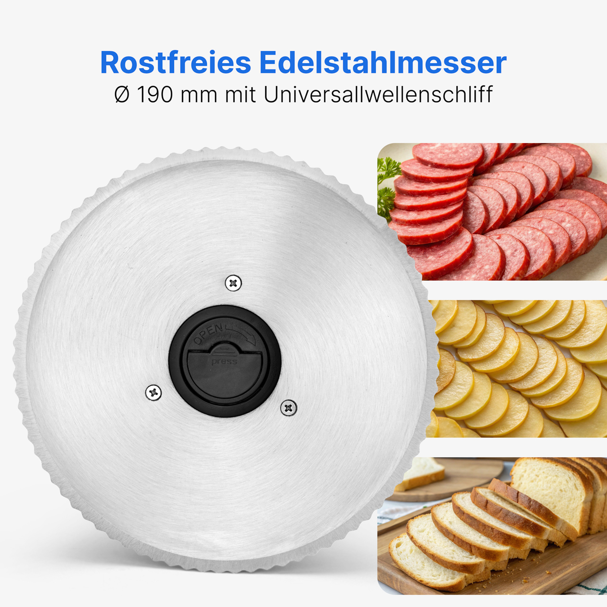 Okrągłe ostrze ze stali nierdzewnej z plastrowanym salami, serem i chlebem.