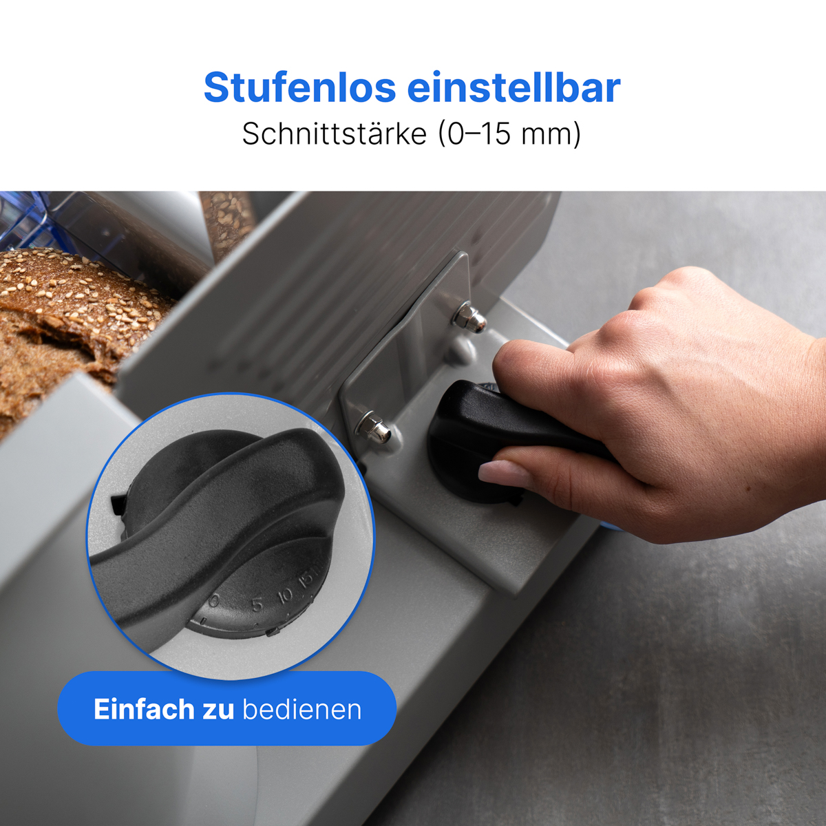 Zbliżenie krajalnicy z czarnym uchwytem. Pokazuje regulowaną grubość cięcia.