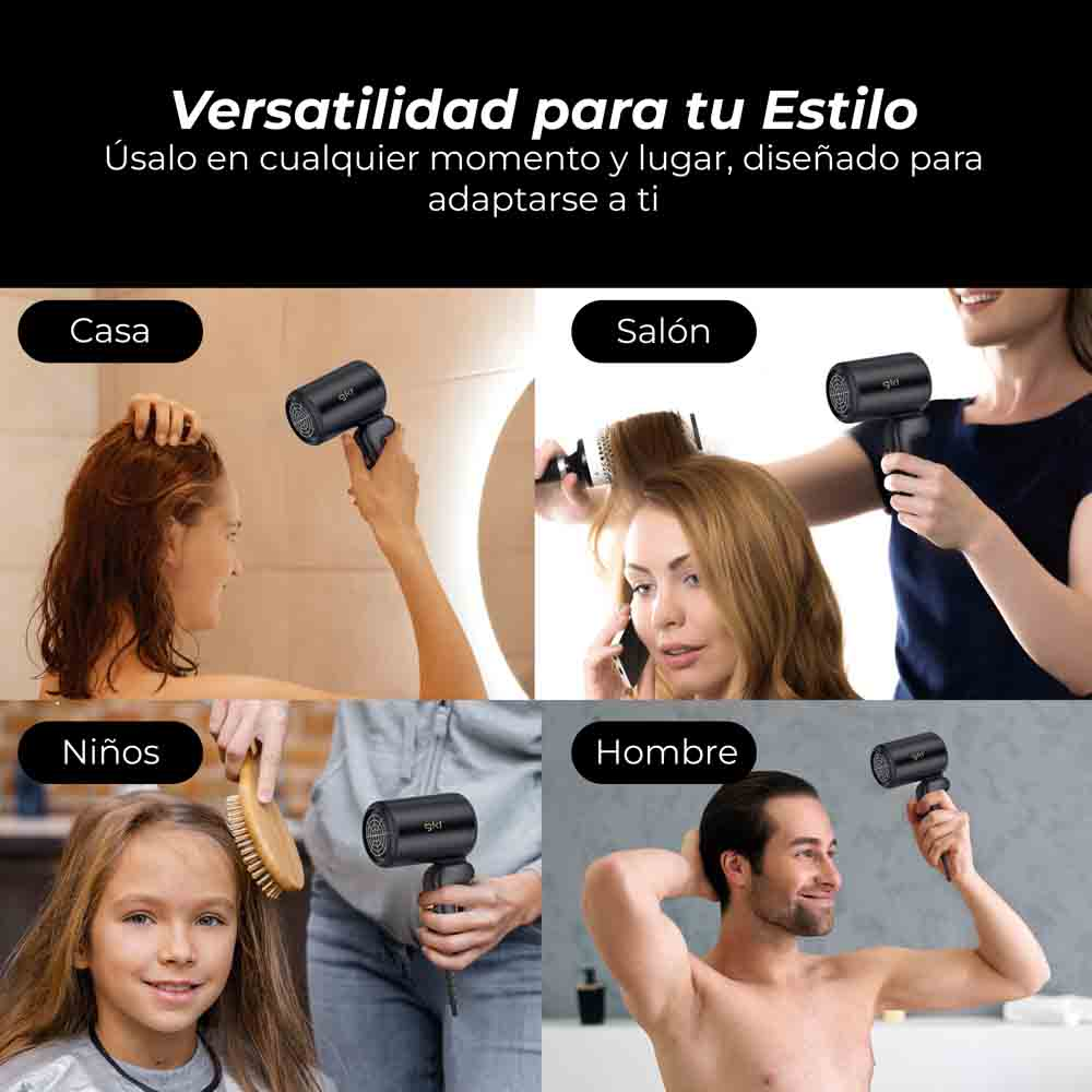 Personas usando un secador negro en casa, salón, para niños y hombres. Concepto de versatilidad.