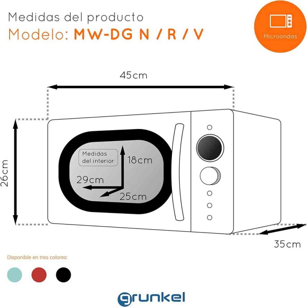 Un microondas blanco con dimensiones se muestra. Gráficos muestran medidas interiores y exteriores.