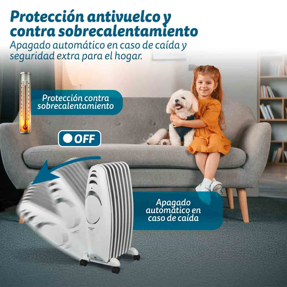 Niña y perro sentados cerca de un calefactor blanco y negro. Texto etiqueta características de seguridad. Sofá y estanterías al fondo.