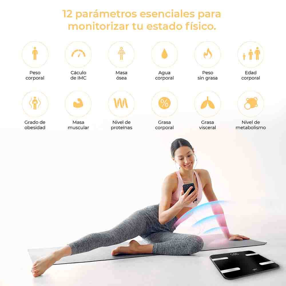 Mujer usando un teléfono cerca de una báscula. Se muestran iconos de medidas corporales.