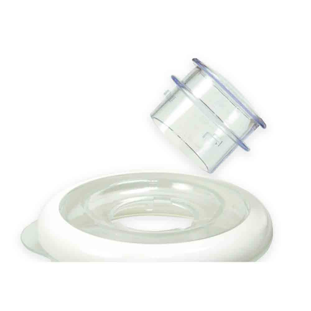 Dos piezas de plástico transparente, una es un anillo, la otra un cilindro, ambas con detalles azules. Fondo blanco.