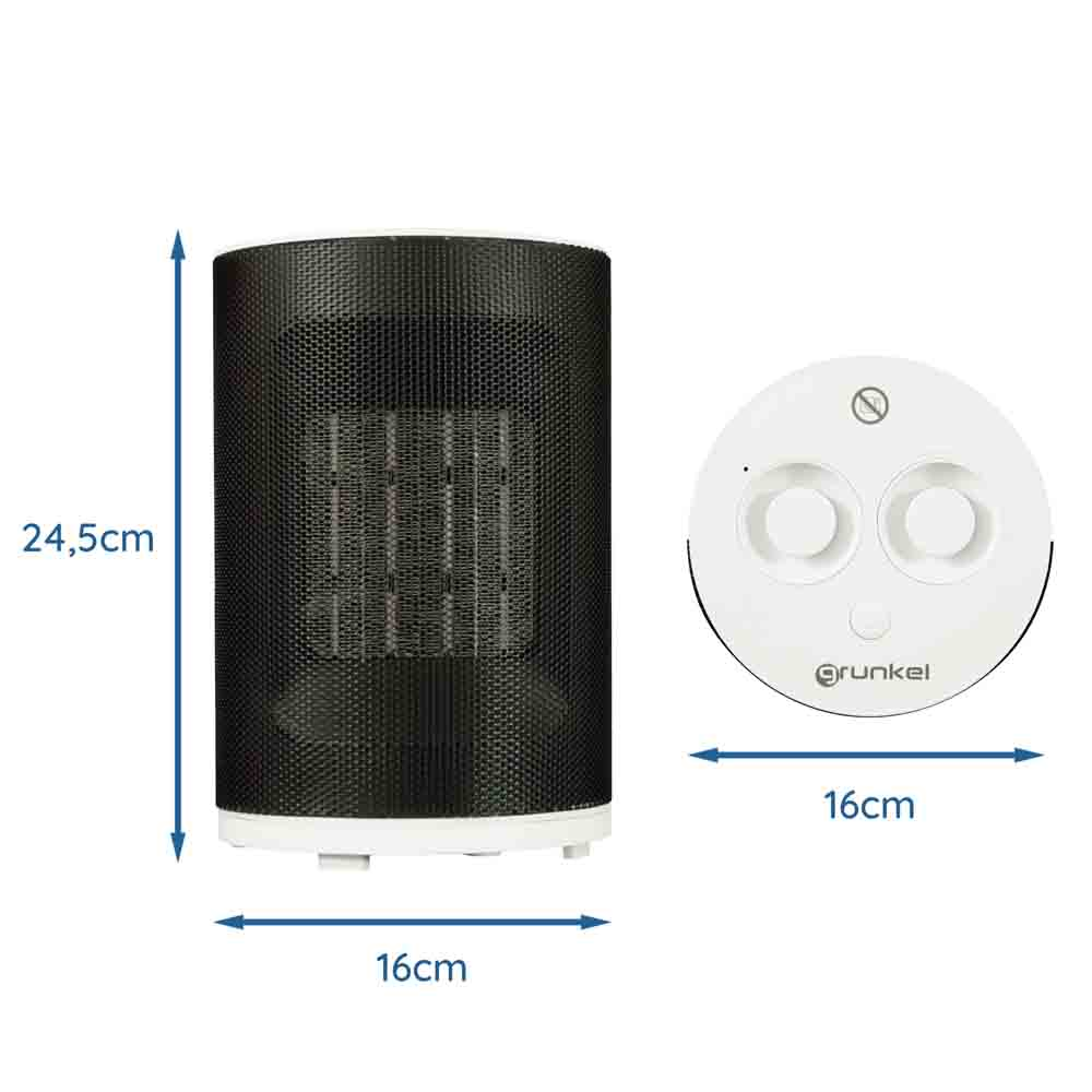 Calentador eléctrico blanco y negro con dimensiones: 24,5 cm de altura y 16 cm de ancho.