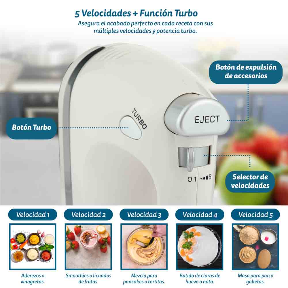 Batidora de mano con ajustes de velocidad y botones. Imágenes de alimentos que representan velocidades 1-5.