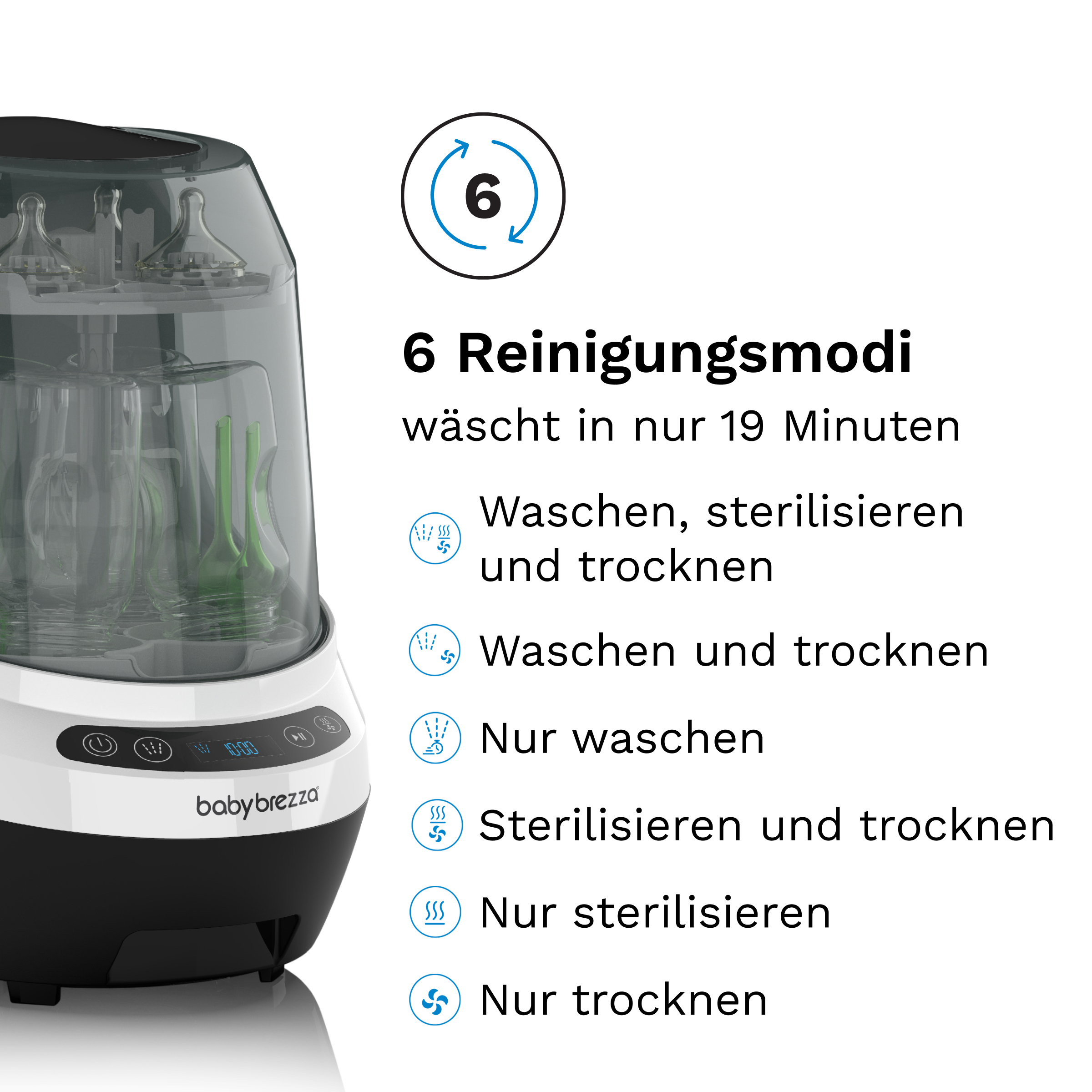 Babybrezza Sterilisator, mit 6 Reinigungsmodi, Text und Symbolen, mit sichtbaren Flaschen darin.
