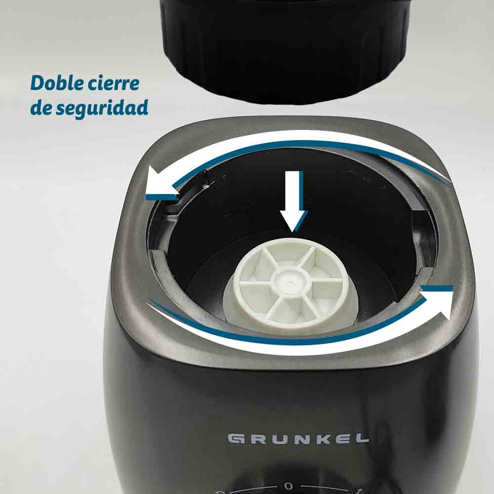 Base del frullatore nera con frecce che indicano la doppia chiusura di sicurezza, marchio Grunkel.