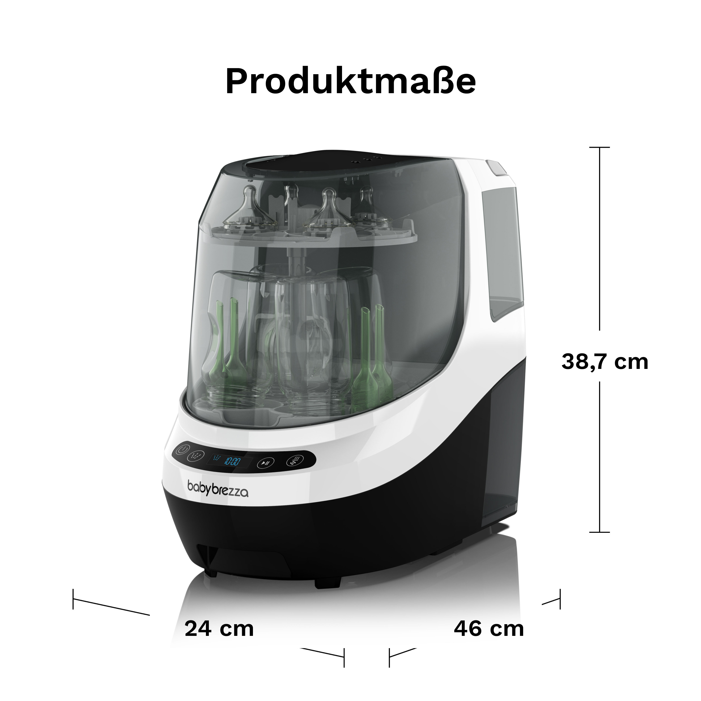 Weiß-schwarzer Babyflaschensterilisator mit Maßen. Es zeigt die Größenabmessungen.