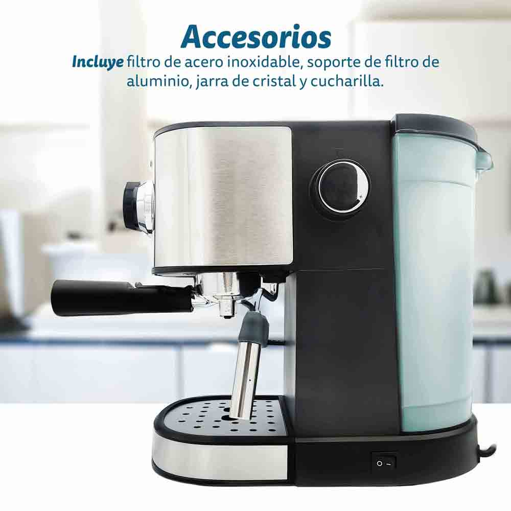 Máquina de café espresso, acero inoxidable y negro. Ambiente de cocina con texto superpuesto.