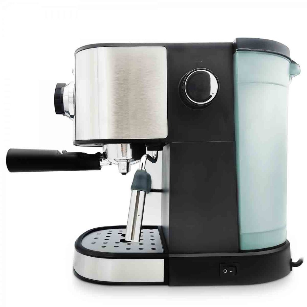 Máquina de espresso, negra y plateada, con depósito de agua y portafiltro.
