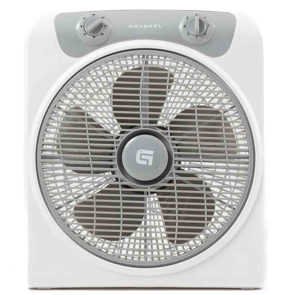 Ventilador blanco y gris con rejilla gris.