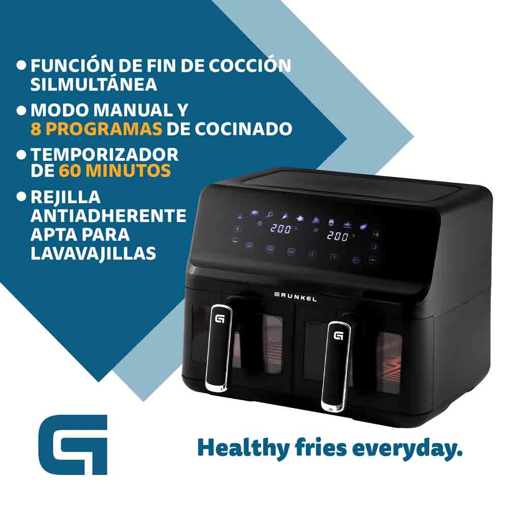 Friggitrice ad aria nera con due scomparti. Testo: 'Healthy fries everyday' e lista delle funzioni.