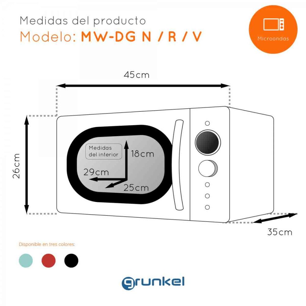 Diagrama de horno microondas. Dimensiones mostradas, incluyendo altura, ancho y profundidad. Colores: azul, rojo y negro.