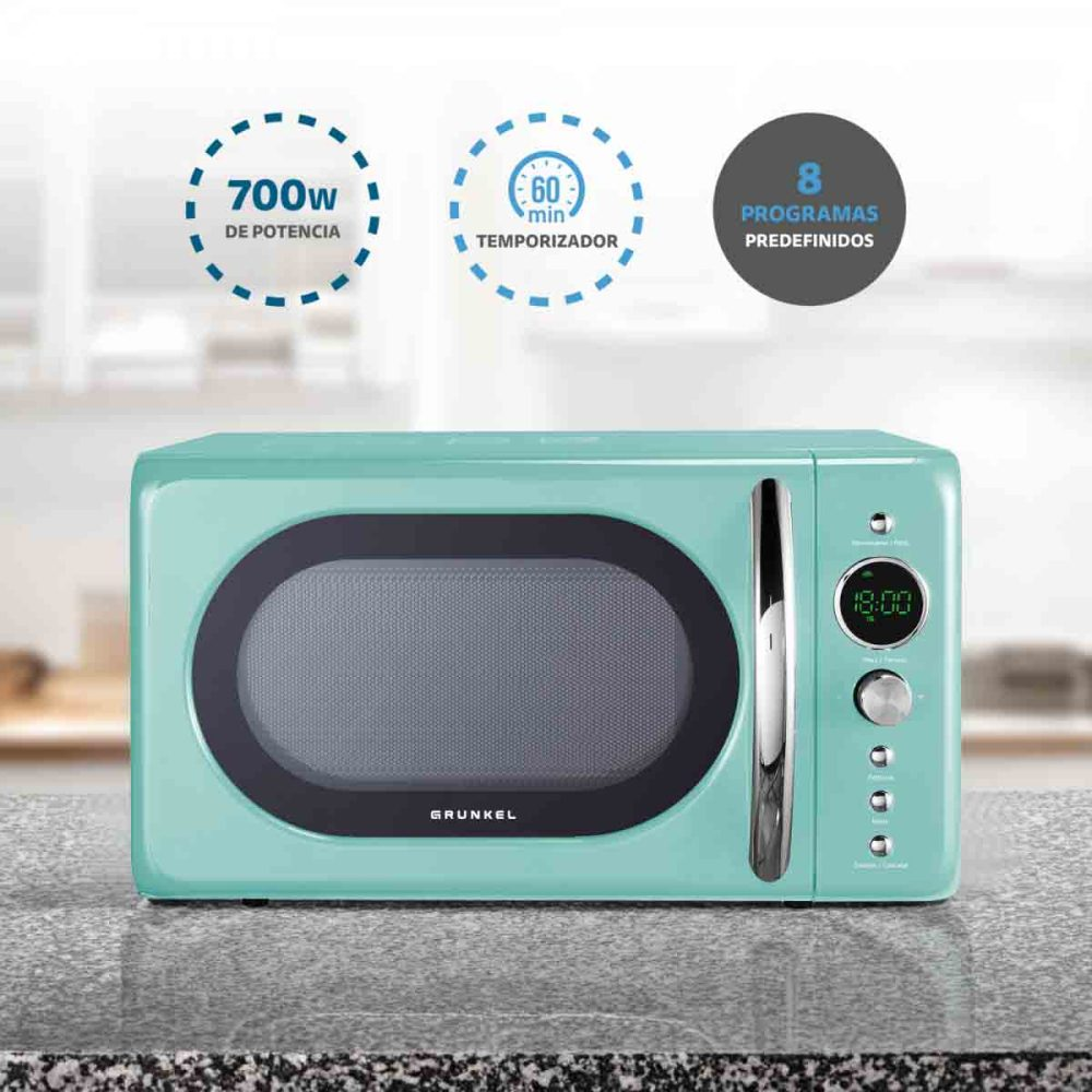 Microondas turquesa con ventana ovalada, pantalla digital y botones de control. Textos indican potencia, temporizador y programas.