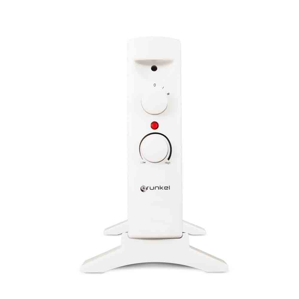 Un calentador blanco con un dial y controles. Tiene una base y se mantiene en posición vertical. El fondo es blanco.