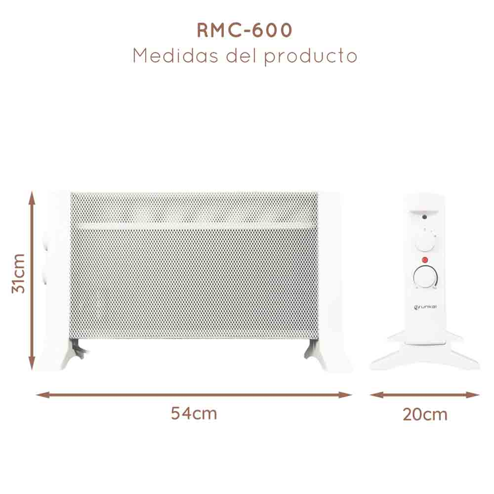 Calentador blanco con dimensiones etiquetadas y una unidad de control más pequeña a la derecha.