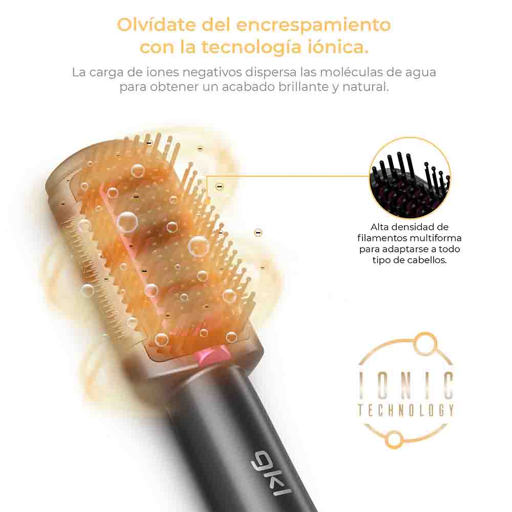 Primer plano de un cepillo para el cabello con tecnología iónica, mostrando cerdas y una sección rosa.