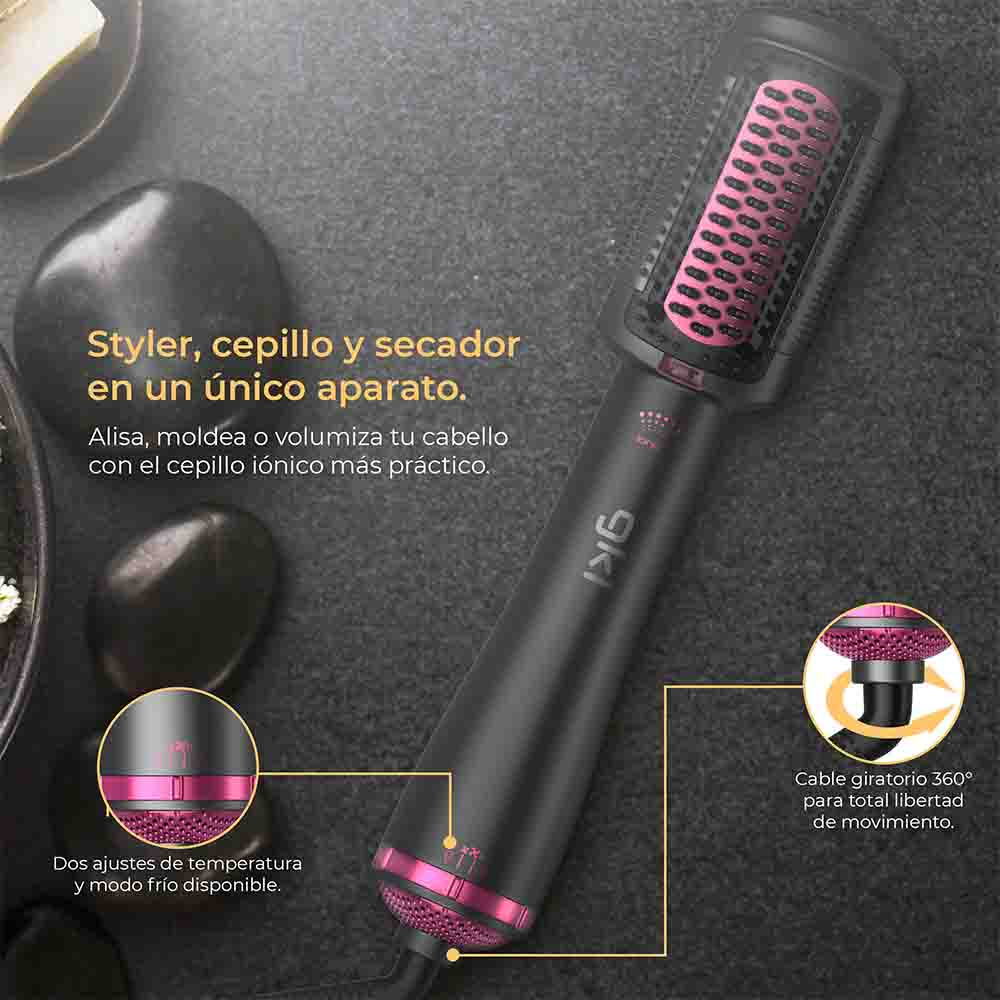 Moldeador de cabello negro con detalles rosados, tiene cepillo y secador con texto y algunas funciones.