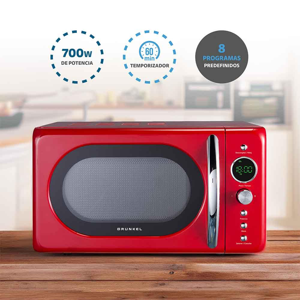 Un horno microondas rojo con pantalla digital, con texto sobre potencia y temporizador.