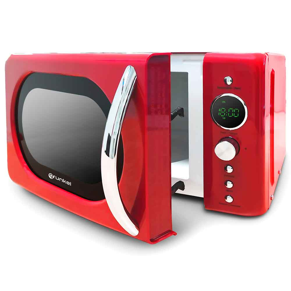 Microondas rojo con puerta abierta mostrando el interior. Logo Grunkel visible.