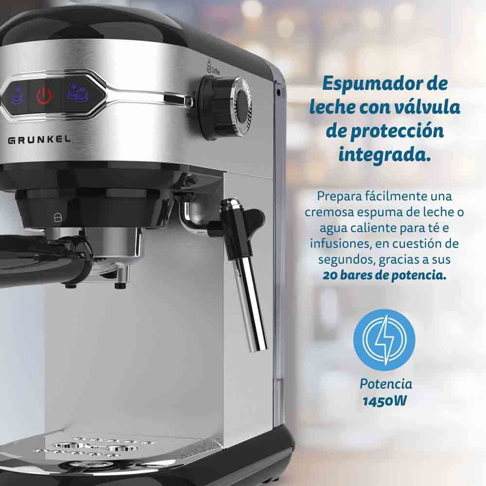 Máquina de espresso con espumador de leche. Diseño plateado y negro, texto en español.