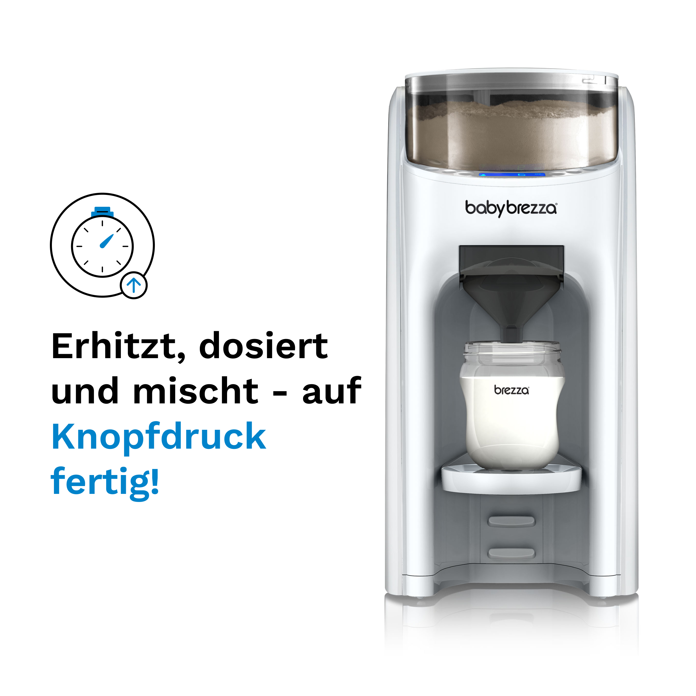 Weiße Babynahrungsmaschine, die Milch in eine Flasche abgibt. Nahaufnahme des Geräts.