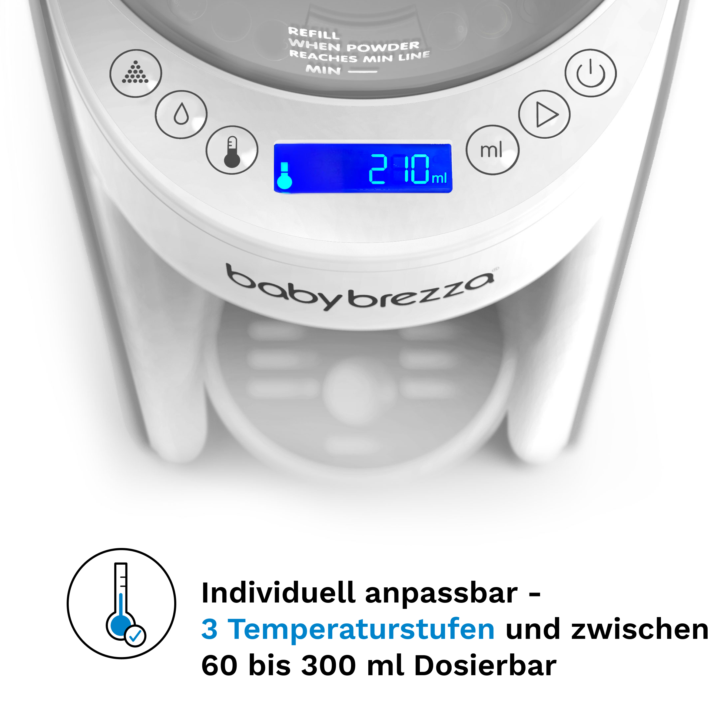 Weißer Babyflaschenzubereiter mit Digitalanzeige, die 210 ml Flüssigkeit anzeigt.