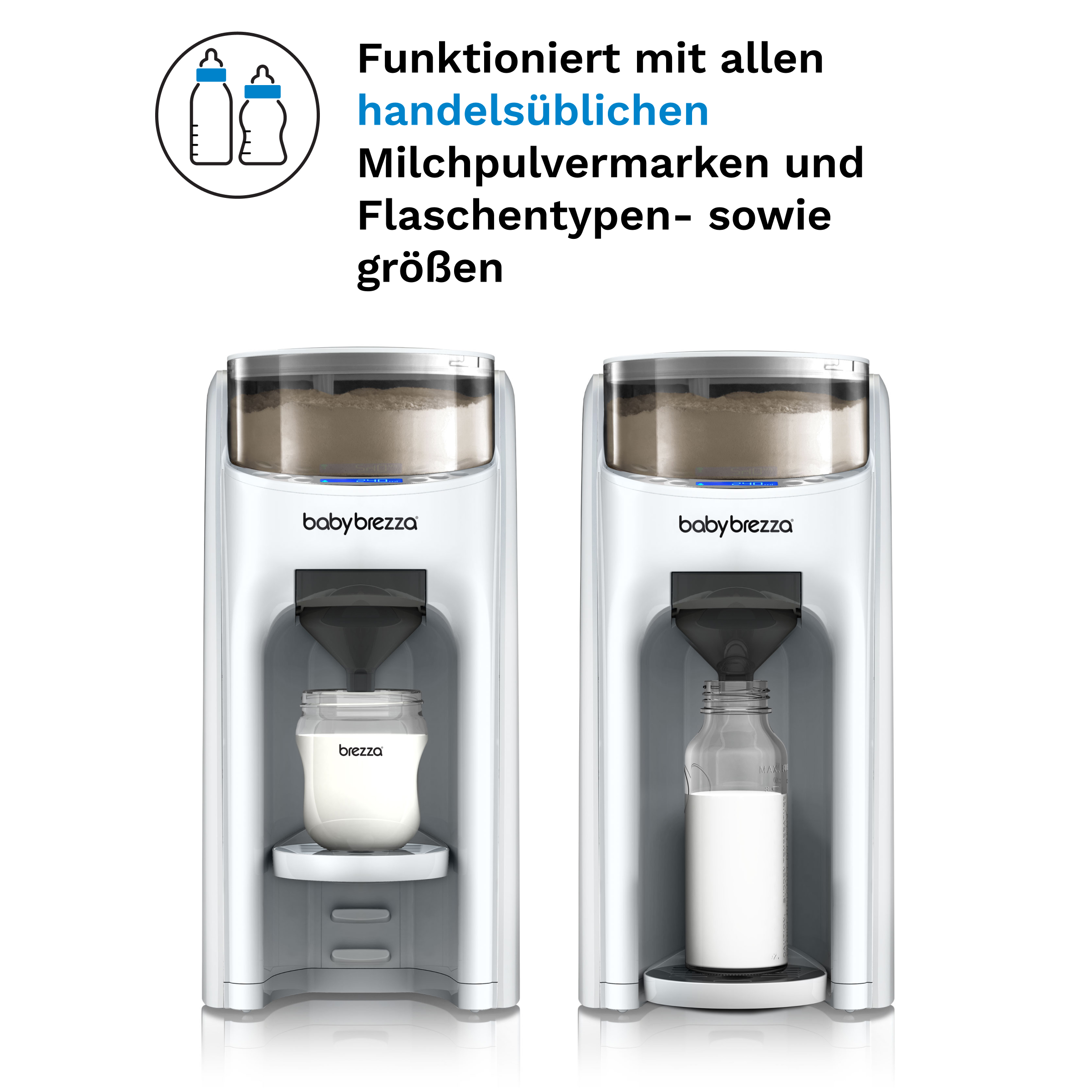 Zwei weiße Baby Brezza Maschinen mit Text zur Beschreibung von Milchpulvermarken und Flaschentypen.