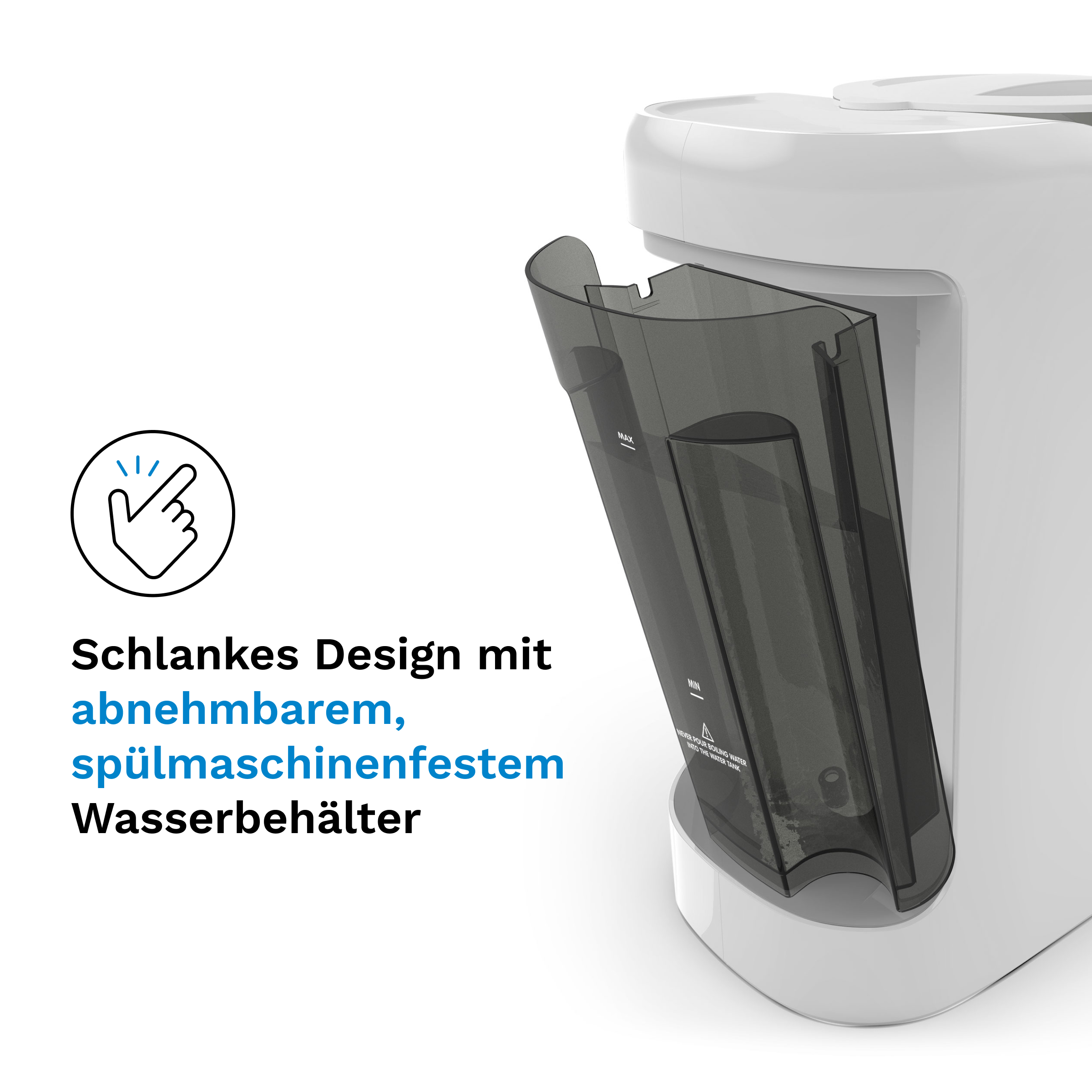 Weißer Wassertank eines Geräts. Abnehmbarer, spülmaschinenfester Wassertank wird gezeigt.
