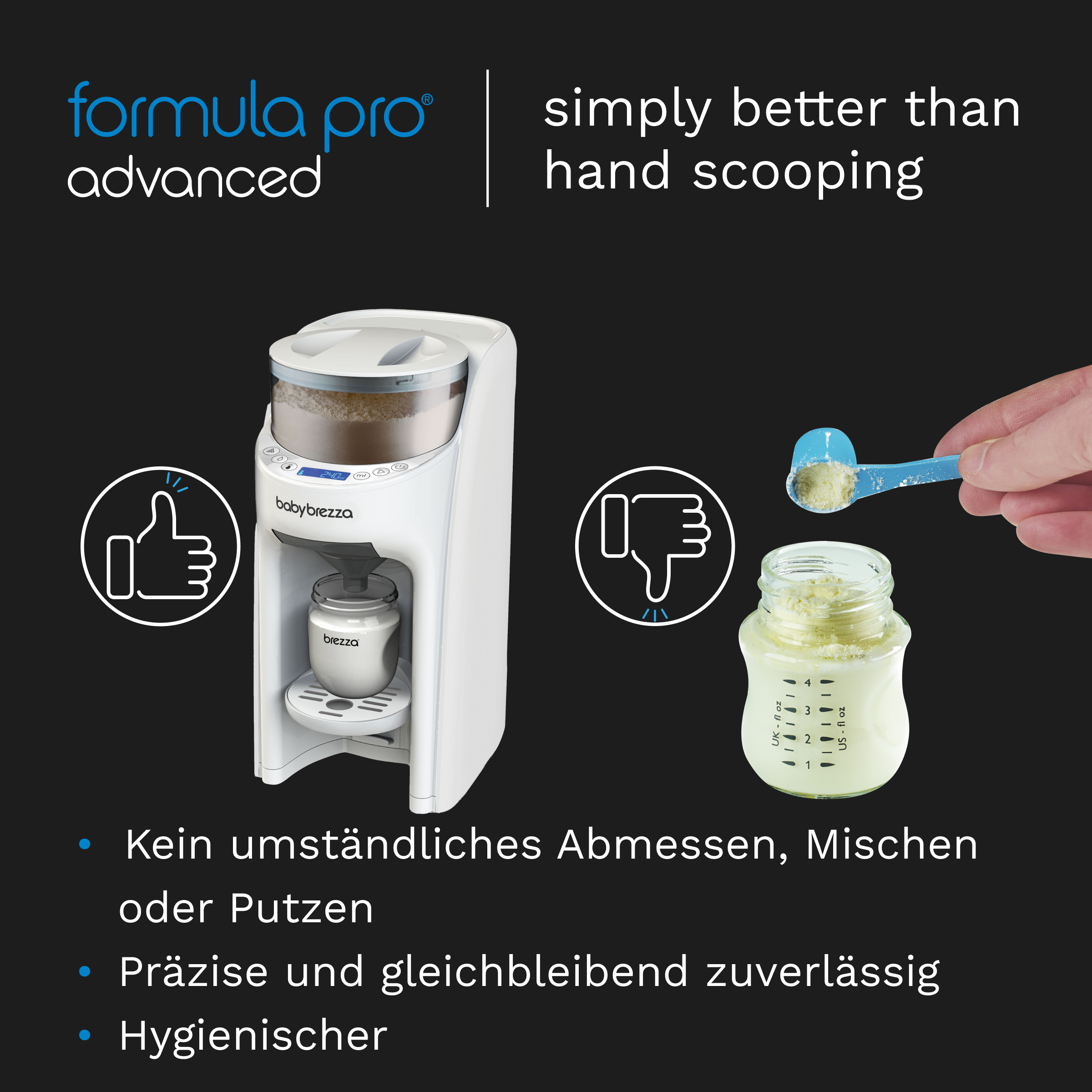 Ein weißer Babynahrungszubereiter neben einem blauen Messlöffel und einer Flasche Formel.