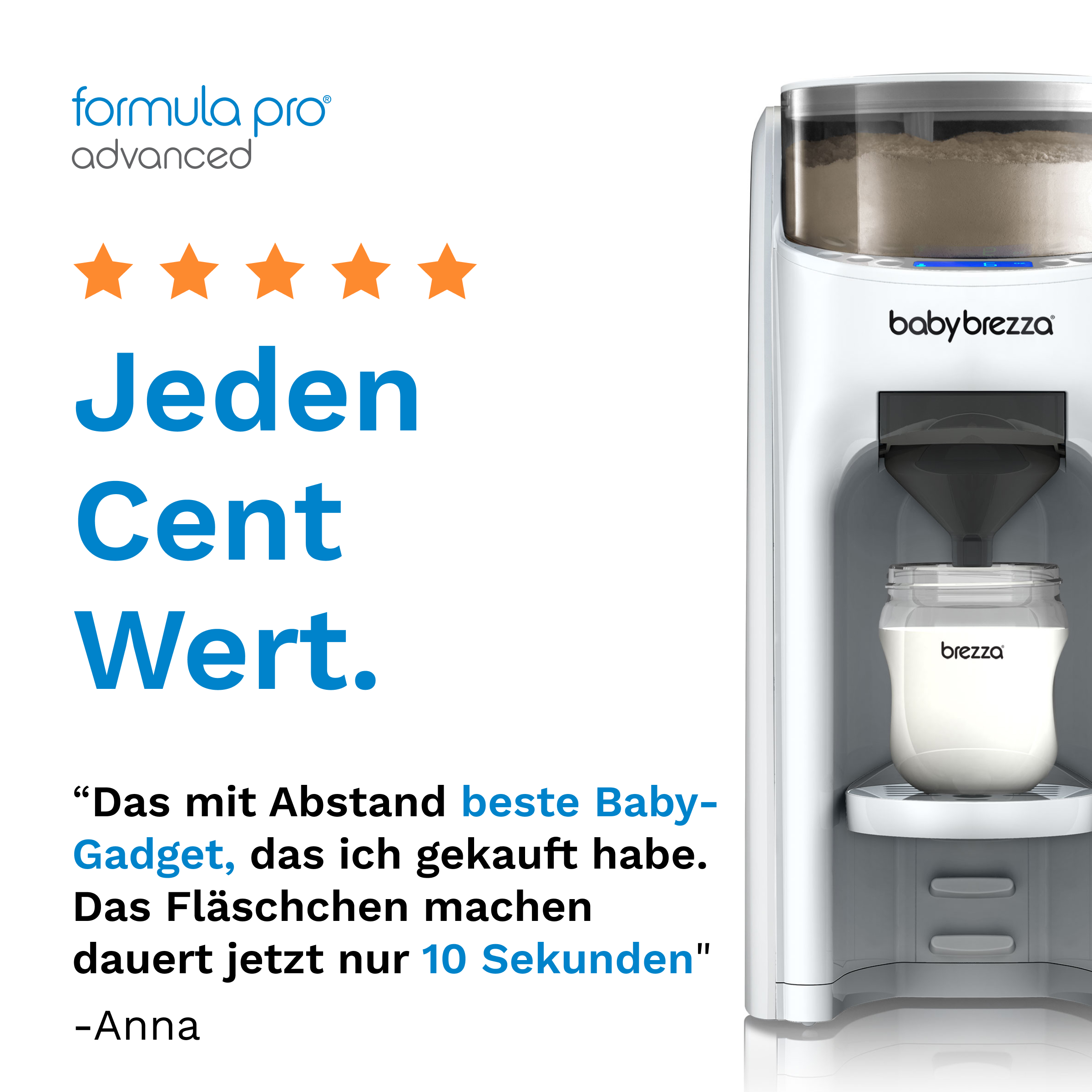 Weißer Babynahrungsbereiter mit Flasche und Text mit Sternebewertungen.