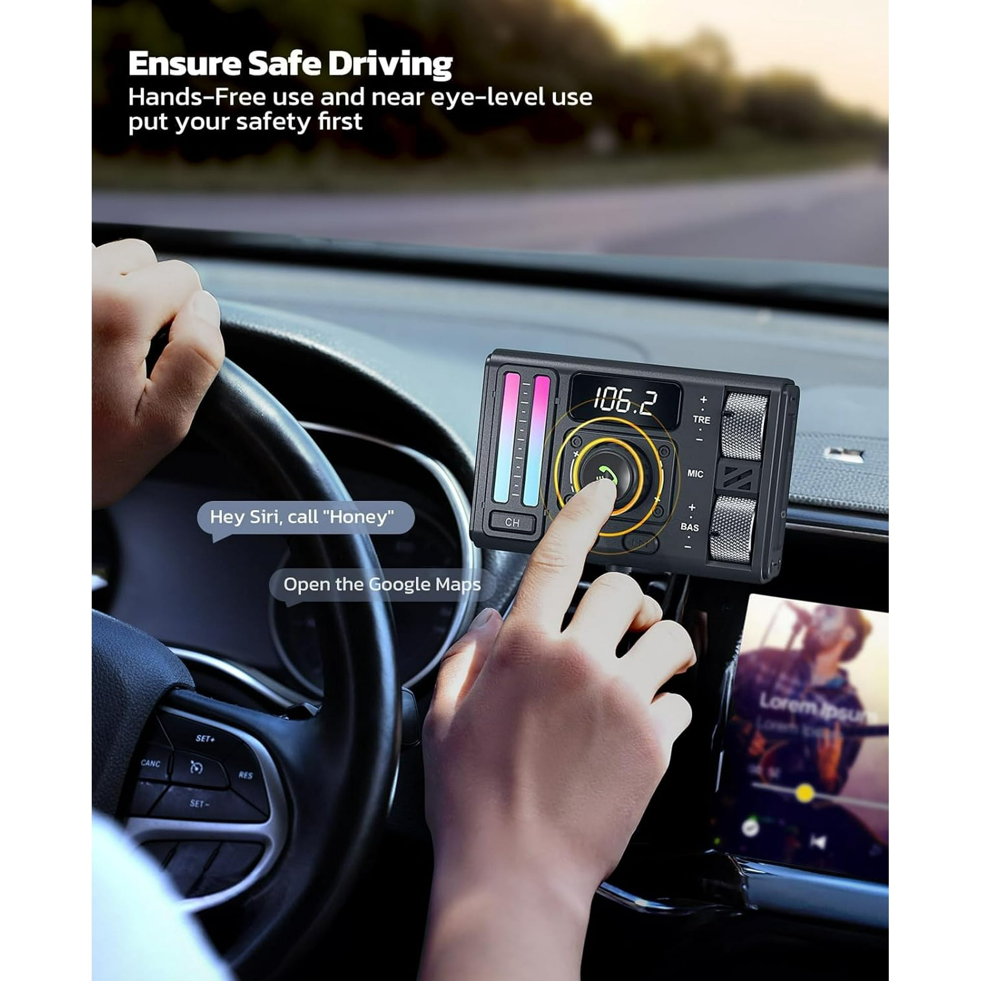 Autointerieur mit Bildschirm, der Informationen anzeigt, Fahrerhand am Lenkrad und Hand, die den Bildschirm berührt.