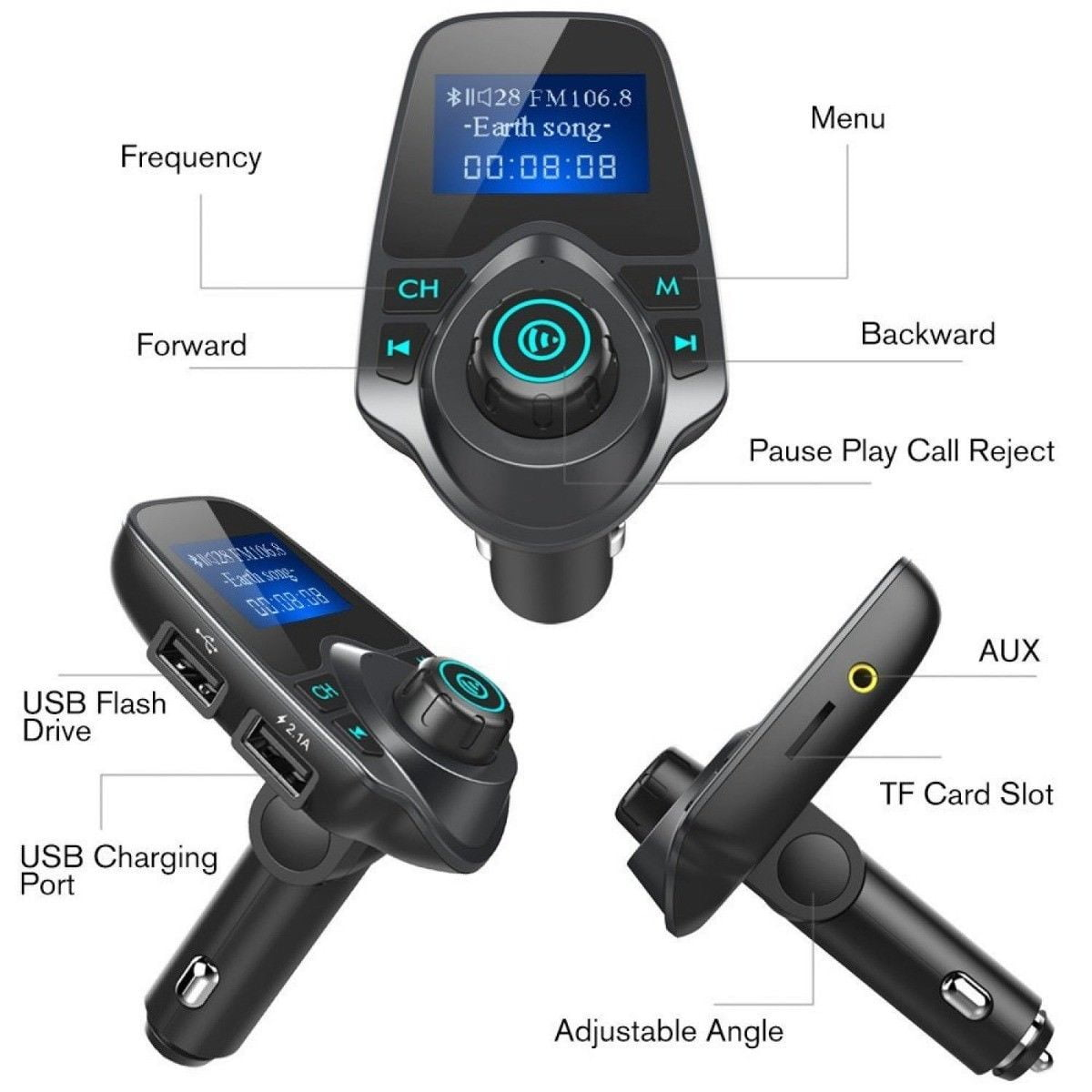 Auto-Bluetooth-FM-Transmitter mit Display und Knöpfen. Zeigt USB-Anschlüsse und AUX-Anschluss.