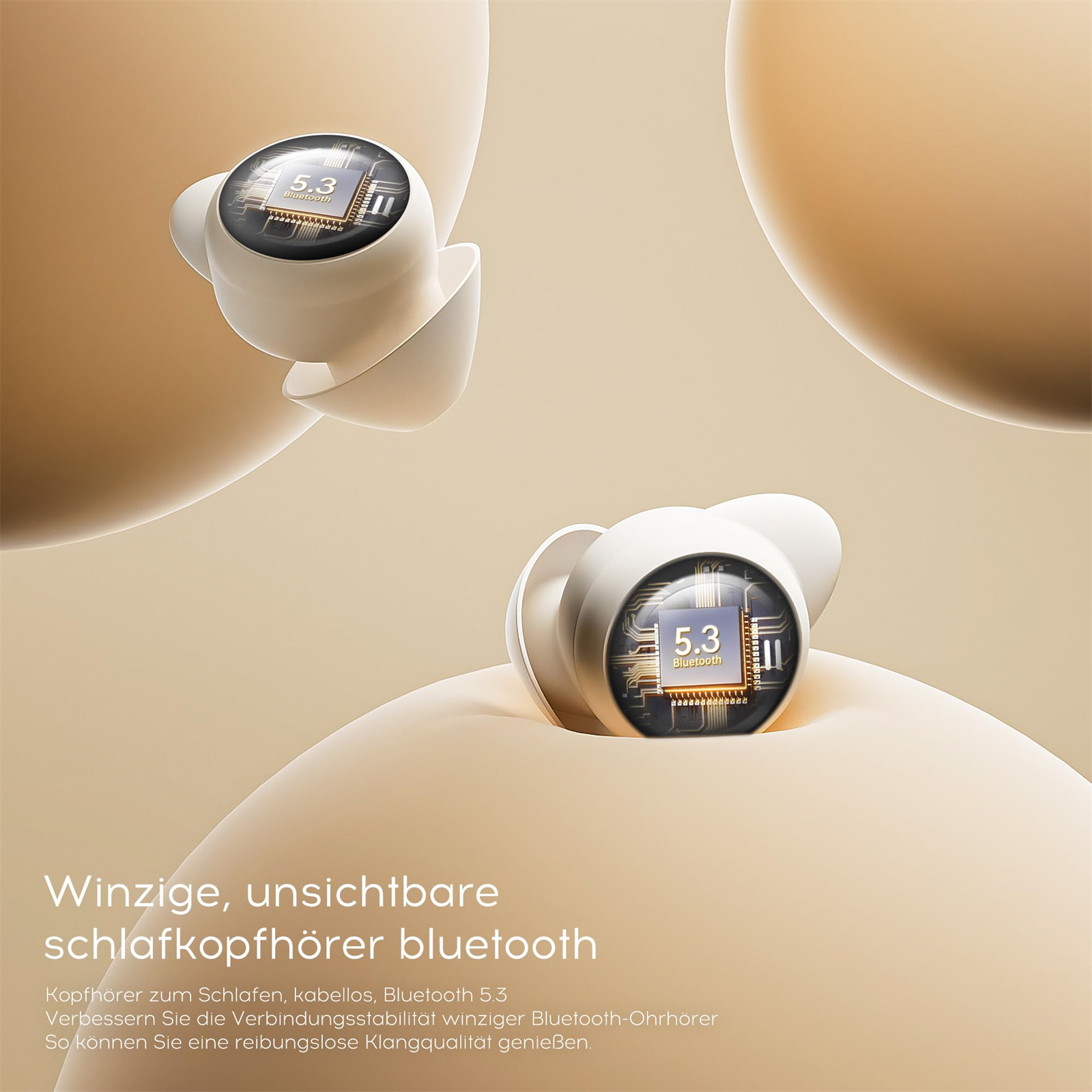 Zwei weiße kabellose Ohrhörer mit schwarzer Oberfläche. Der Ohrhörer ist mit 5.3 Bluetooth markiert.