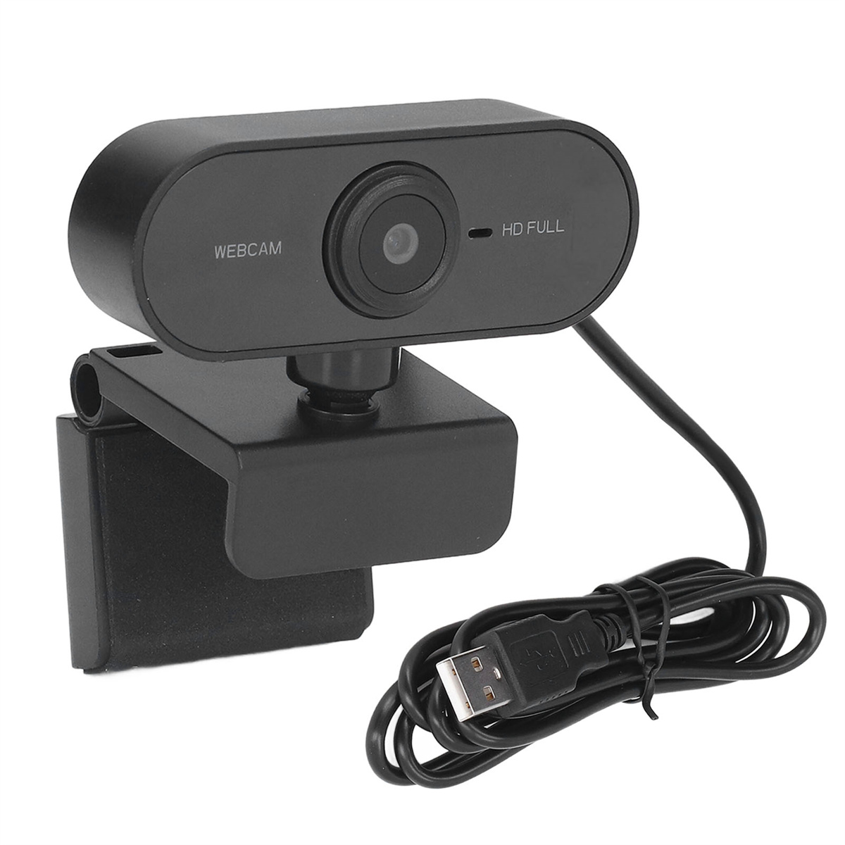 Eine schwarze Webcam mit einem USB-Kabel.