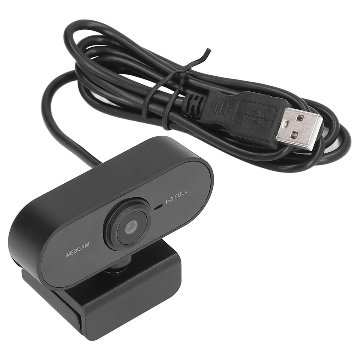 Schwarze Webcam mit USB-Kabel. Der Text 'WEBCAM' ist sichtbar.