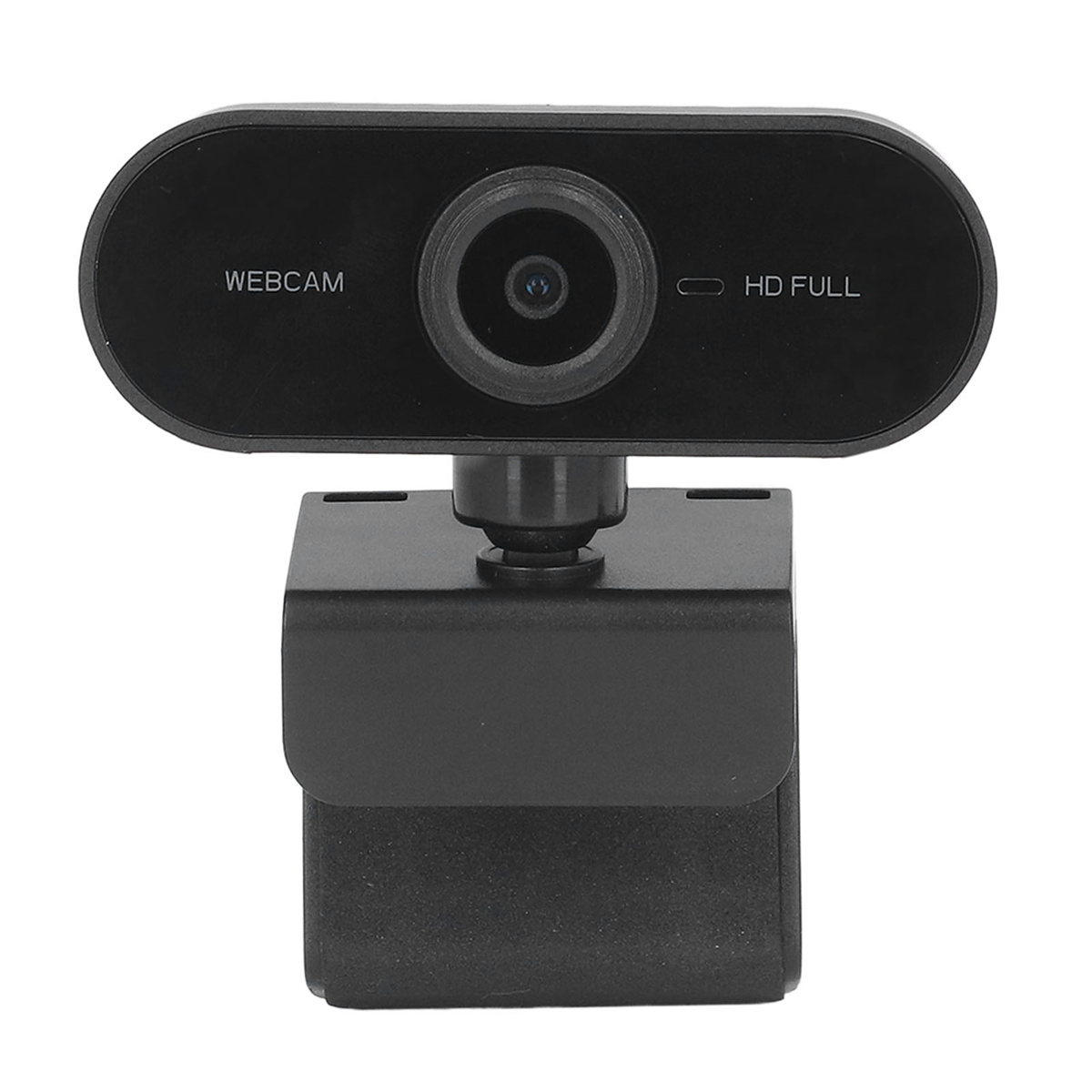Eine schwarze Webcam mit HD FULL an der Seite, die auf einem schwarzen Ständer sitzt.