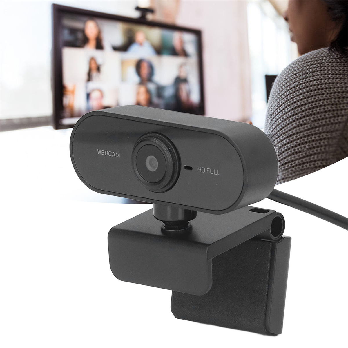 Schwarze Webcam mit HD FULL-Label, zeigt Online-Meeting im Hintergrund.