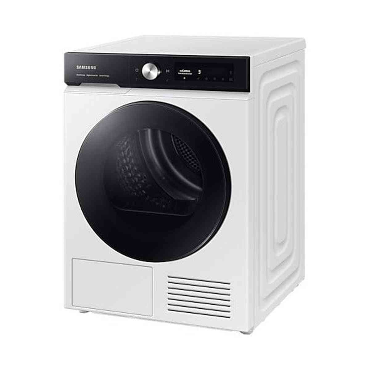 Asciugatrice Samsung bianca, porta nera. Su sfondo bianco, vista laterale.