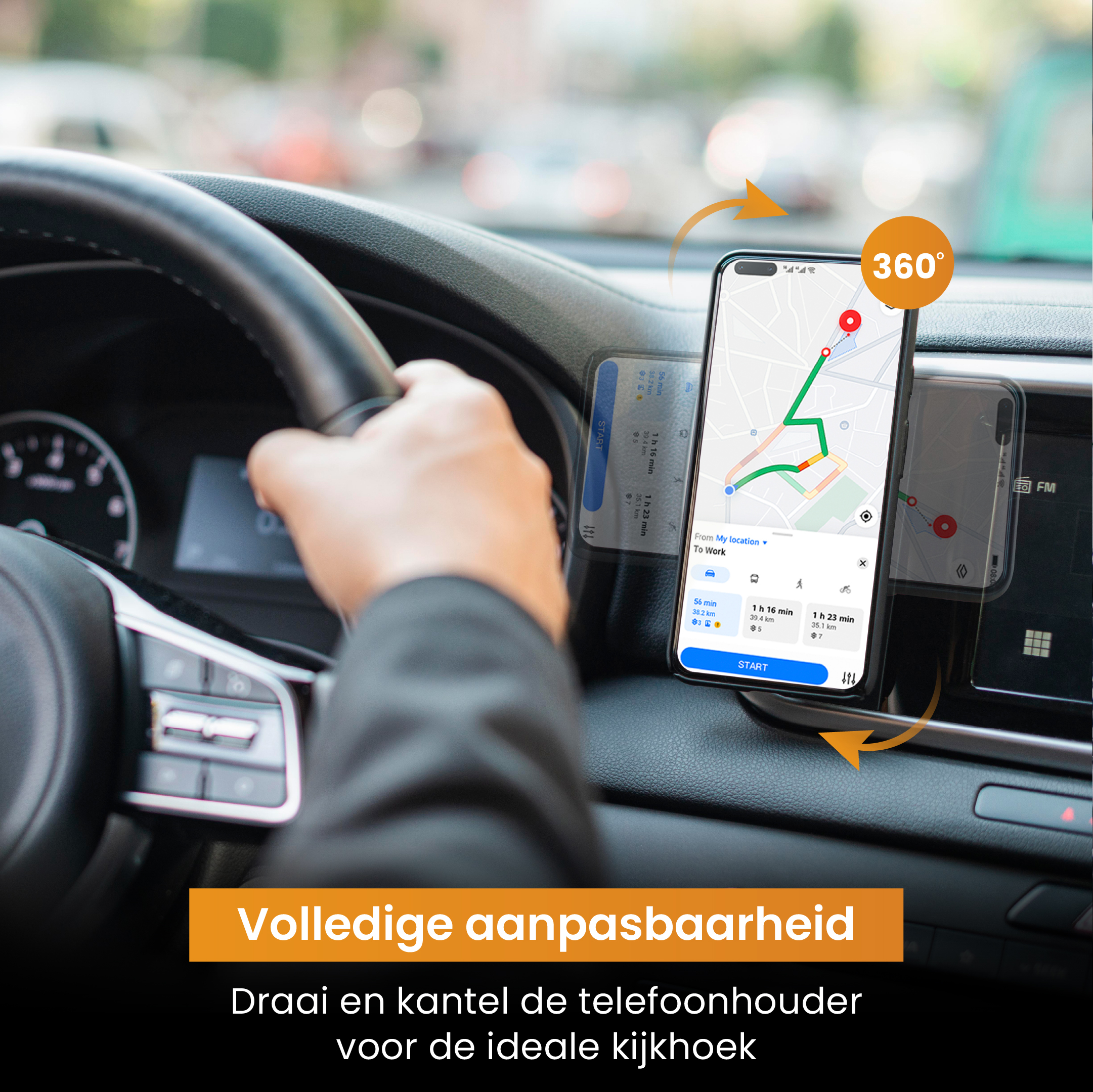 Een telefoon gemonteerd op het dashboard van een auto, met een navigatie-app. Een 360 graden symbool.