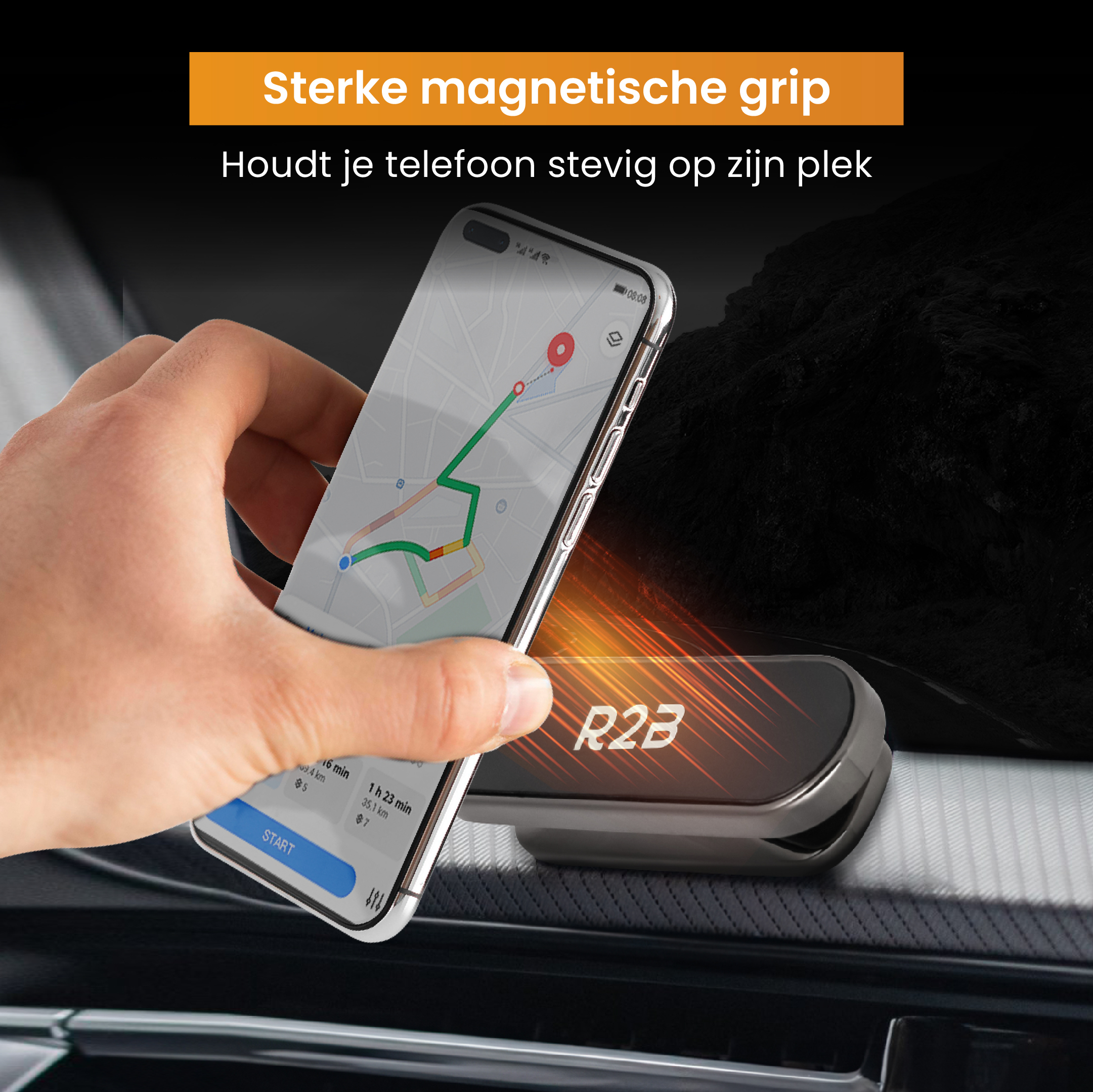 Hand die een telefoon vasthoudt in de buurt van een autohouder. Telefoon toont een navigatie-app.